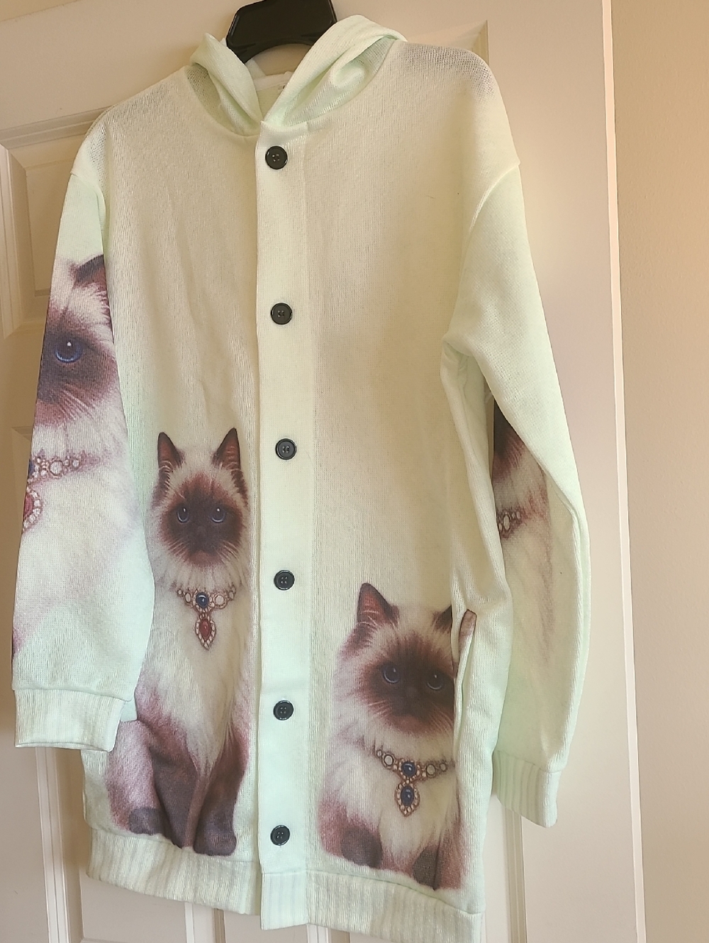 Very Light Mint /Cream Hooded Cardigan with Ragdoll Cat Print